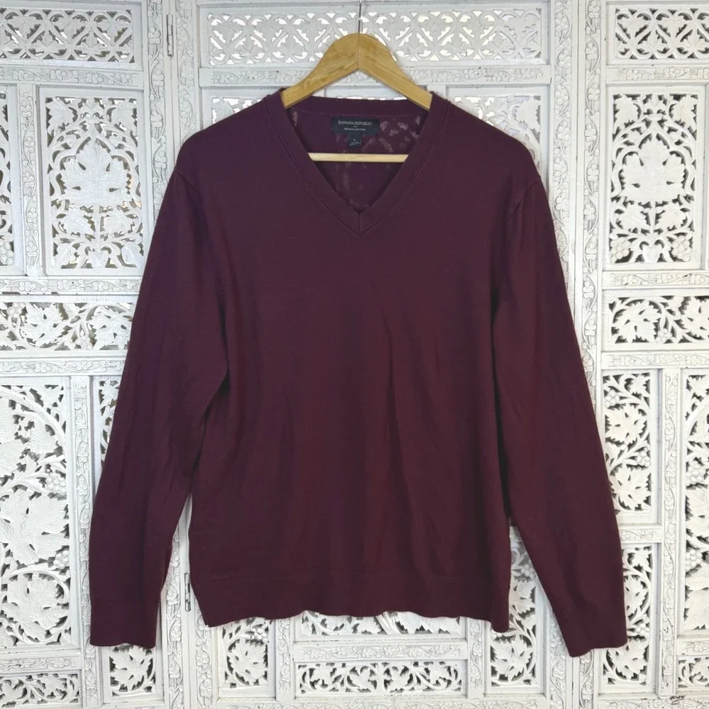 Banana Republic Fisherman Red V Neck Sweater Silk Cashmere Mens L Fits Medium